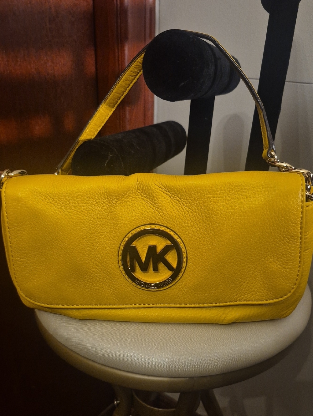 Michael Kors Yellow Leather Shoulder Bag with Gold MK Emblem